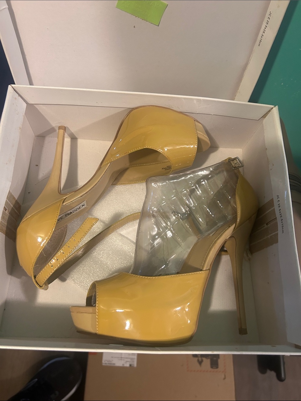 Steve Madden Yellow Patent Peep-Toe Stilettos